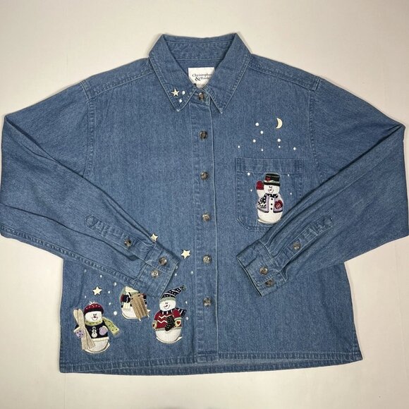 Vintage Christopher & Banks Womens Size M Blue Denim Snowman Crop Shirt Jacket - Picture 3 of 11